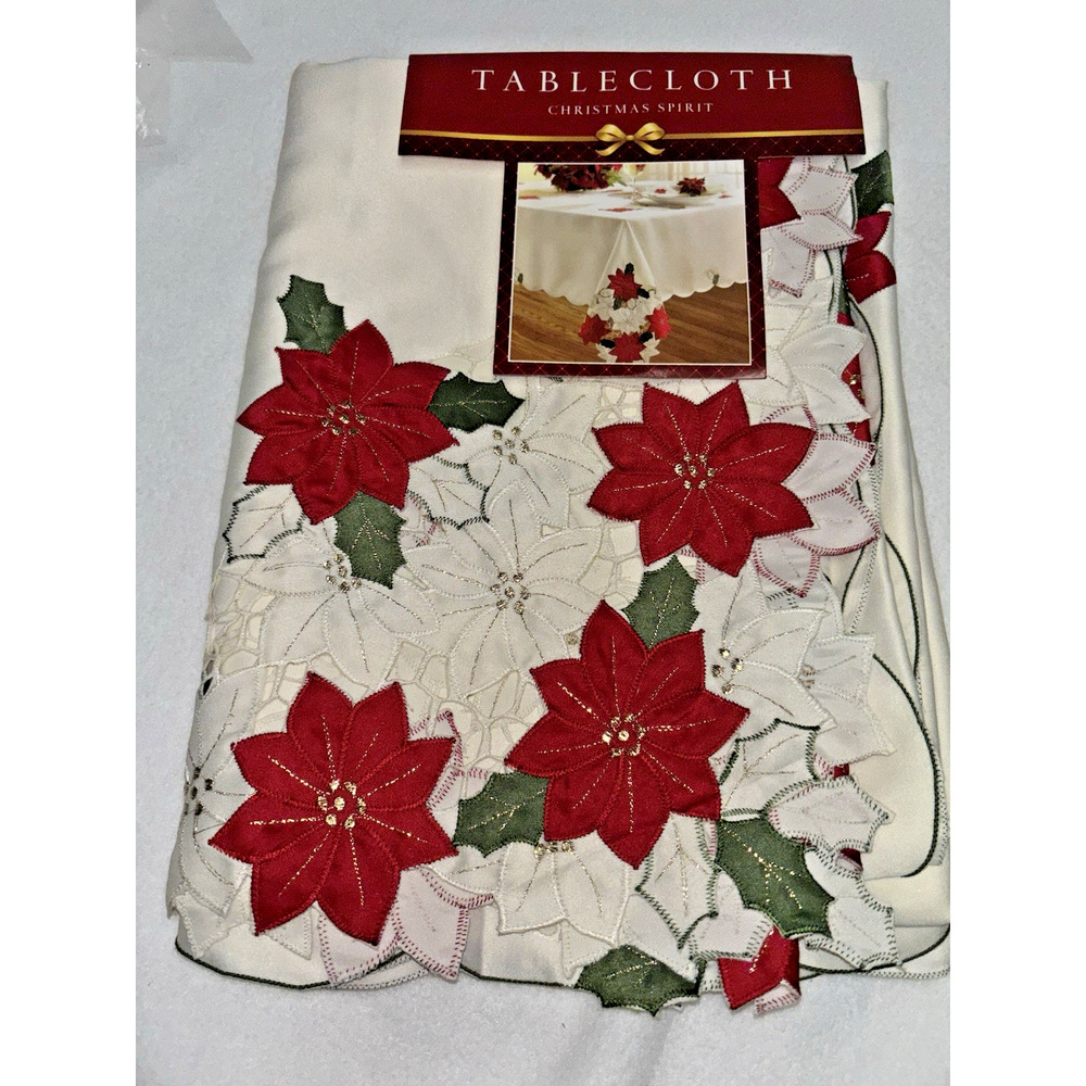 Bed Bath & Beyond "Christmas Spirit" Holiday Tablecloth 60 X 84 Oblong Ivory NEW